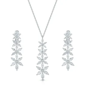 18ct White Gold Marquise Cut Diamond Flower Pendant & Earrings