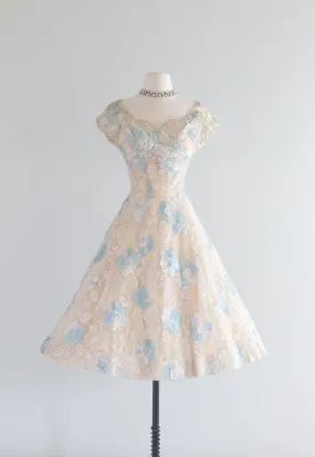 1950's Something Blue Ivory Lace Couture Cocktail Wedding Dress / Small