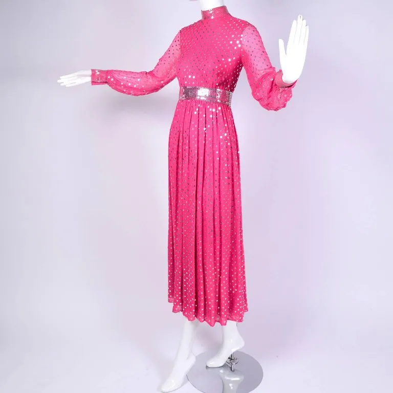 1960's Norman Norell Pink Silk Vintage Dress w/ Silver Sequins & Sheer Sleeves