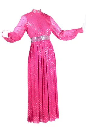 1960's Norman Norell Pink Silk Vintage Dress w/ Silver Sequins & Sheer Sleeves