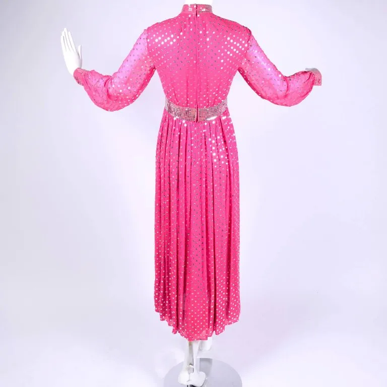 1960's Norman Norell Pink Silk Vintage Dress w/ Silver Sequins & Sheer Sleeves