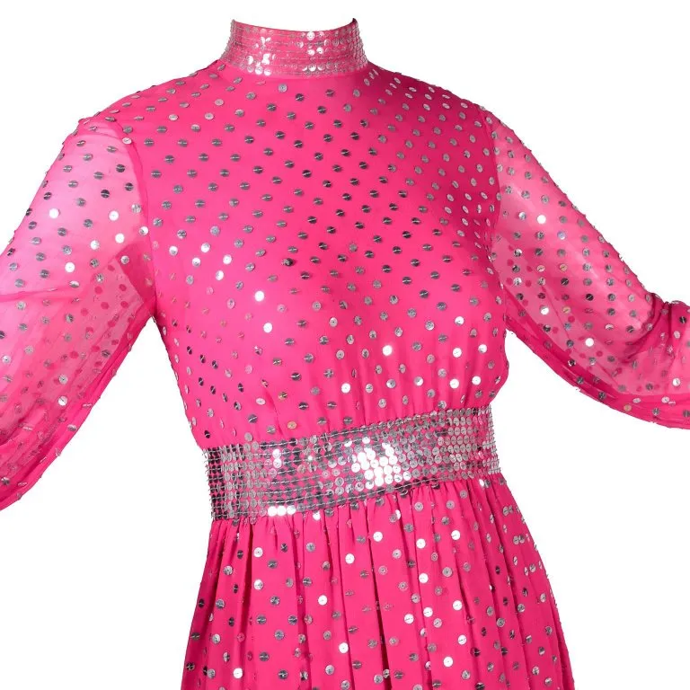 1960's Norman Norell Pink Silk Vintage Dress w/ Silver Sequins & Sheer Sleeves