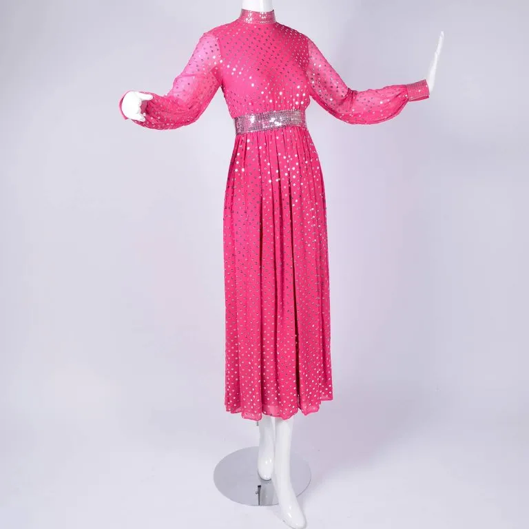 1960's Norman Norell Pink Silk Vintage Dress w/ Silver Sequins & Sheer Sleeves