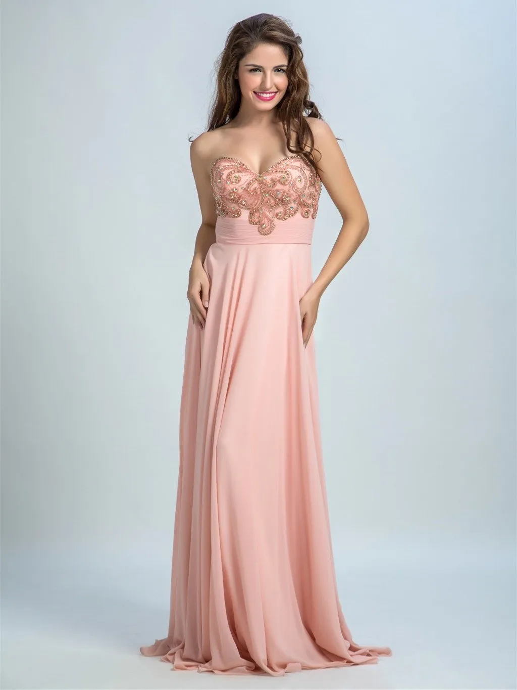 A-line Sweetheart Sweep Train Chiffon Rhine Stone Beaded Evening Dresses 2906