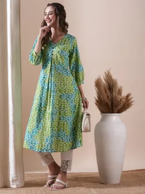 Abstract Printed Wooden Buttoned Pleated Front Kurta - Lime Green