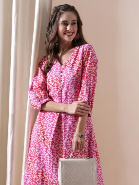 Abstract Printed Wooden Buttoned Pleated Front Kurta - Pink