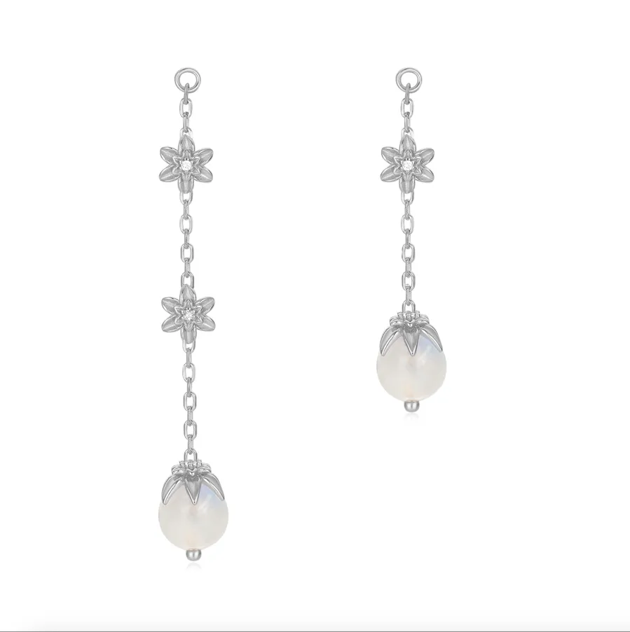 Moonstone Silver Asymmetrical Floral Earrings - Daffodil