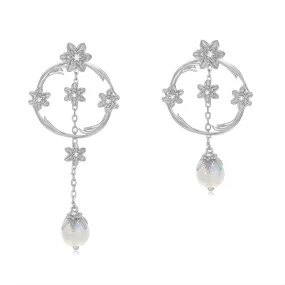 Moonstone Silver Asymmetrical Floral Earrings - Daffodil