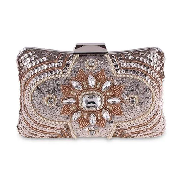 New Glitter Women Beaded Clutch Silver Evening Bags With Chains